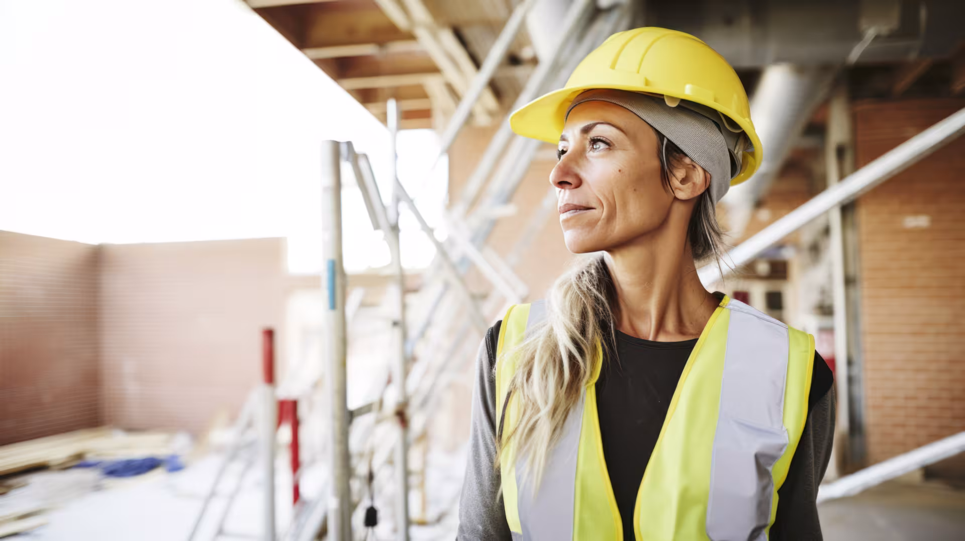 Femme portant un casque de chantier et un gilet haute visibilité dans un bâtiment en rénovation.