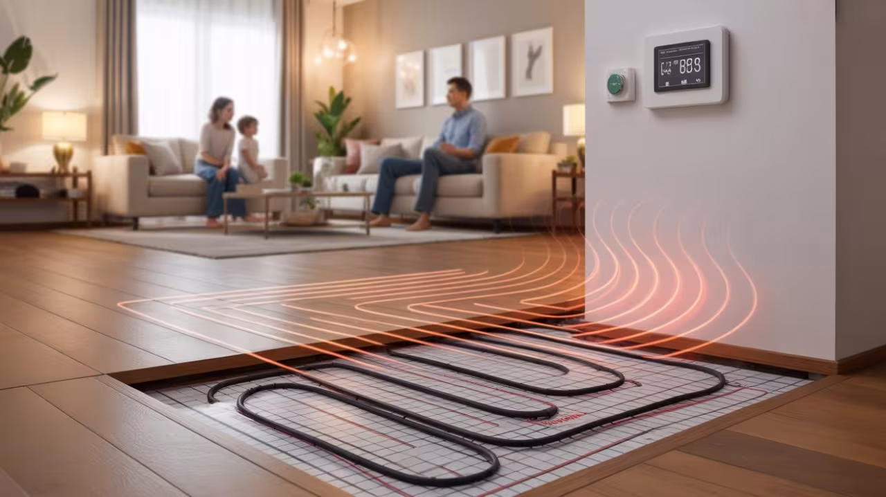 Illustration d’un système de chauffage au sol piloté par thermostat dans un salon moderne.