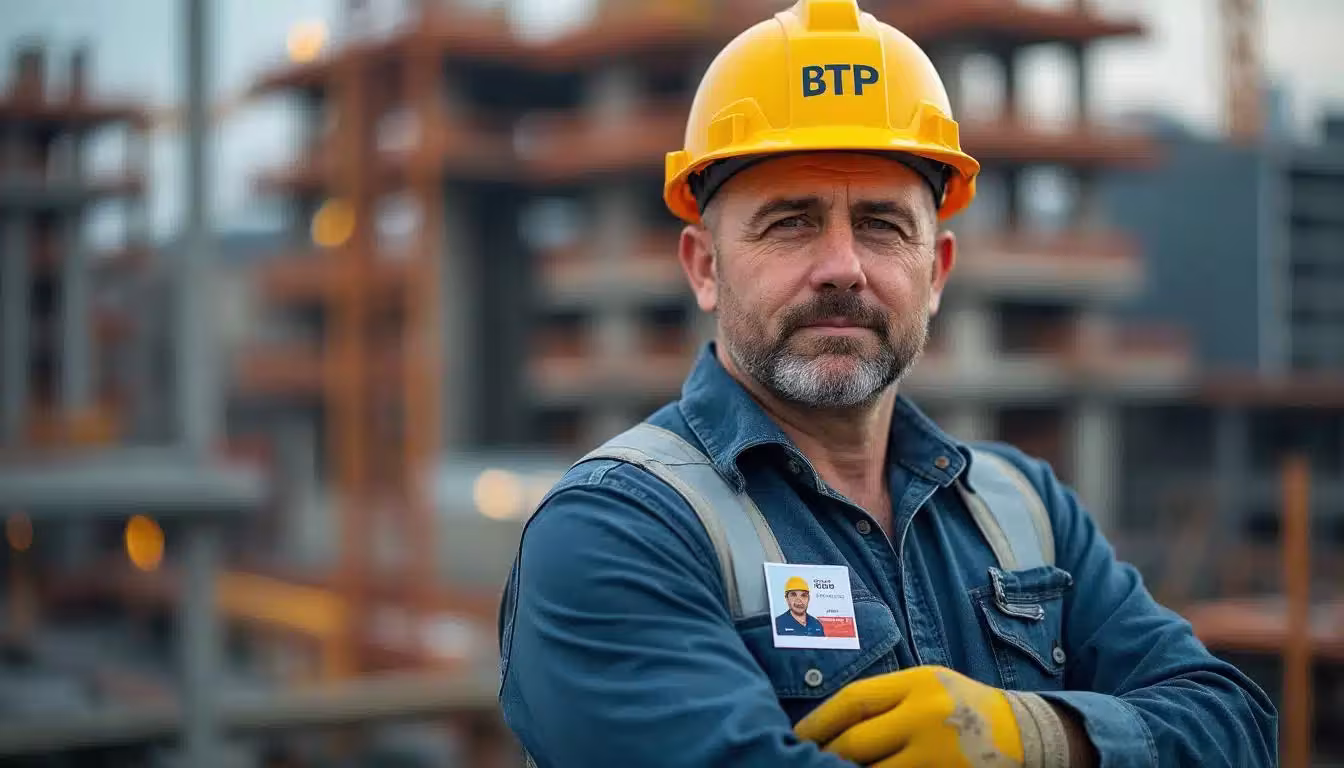 Professionnel du BTP portant un casque jaune devant un chantier en construction.
