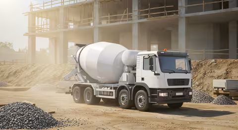 Camion malaxeur sur un chantier de construction devant un bâtiment en cours de réalisation.